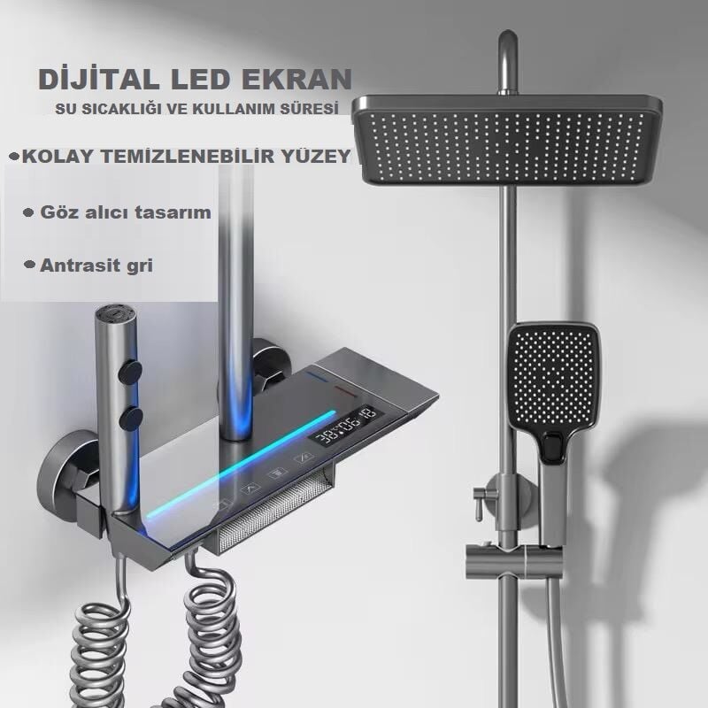 ANTRESİT DIJITAL EKRAN PİYANO FONKSİYONEL AKILLI DUŞ SİSTEM BANYO BATARYA ROBOT YAĞMURLAM AMBİYANS