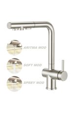 ARITMALI EVYE BATARYASI INOX SPİRALLİ MUTFAK MUSLUK YENİ FONKSİYONEL ÇOK MOD BAŞLIK 3 YOLLU MAT GRİ