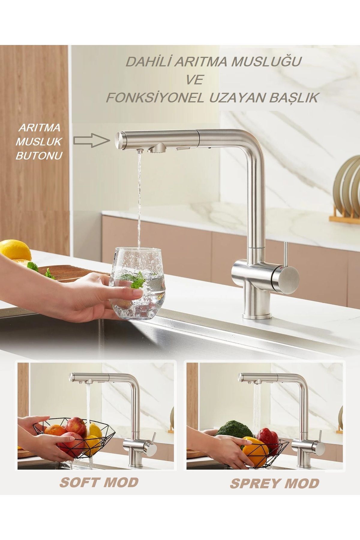 ARITMALI EVYE BATARYASI INOX SPİRALLİ MUTFAK MUSLUK YENİ FONKSİYONEL ÇOK MOD BAŞLIK 3 YOLLU MAT GRİ