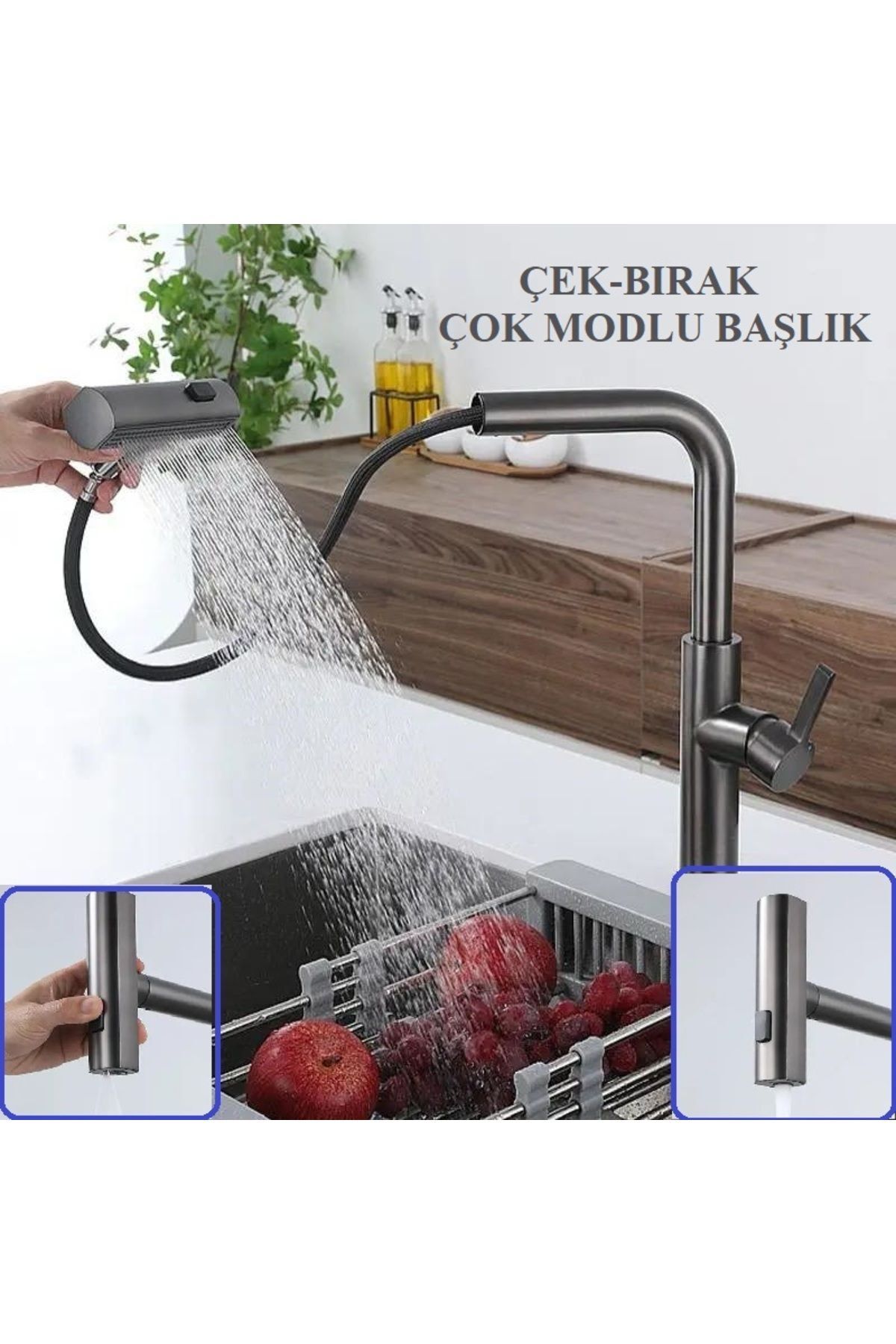 ÇOK MODLU ANTRASİT MUTFAK EVYE BATARYASI SPİRALLİ ÇEK BIRAK BAŞLIK YAĞMURLAMA