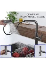 ÇOK MODLU ANTRASİT MUTFAK EVYE BATARYASI SPİRALLİ ÇEK BIRAK BAŞLIK YAĞMURLAMA