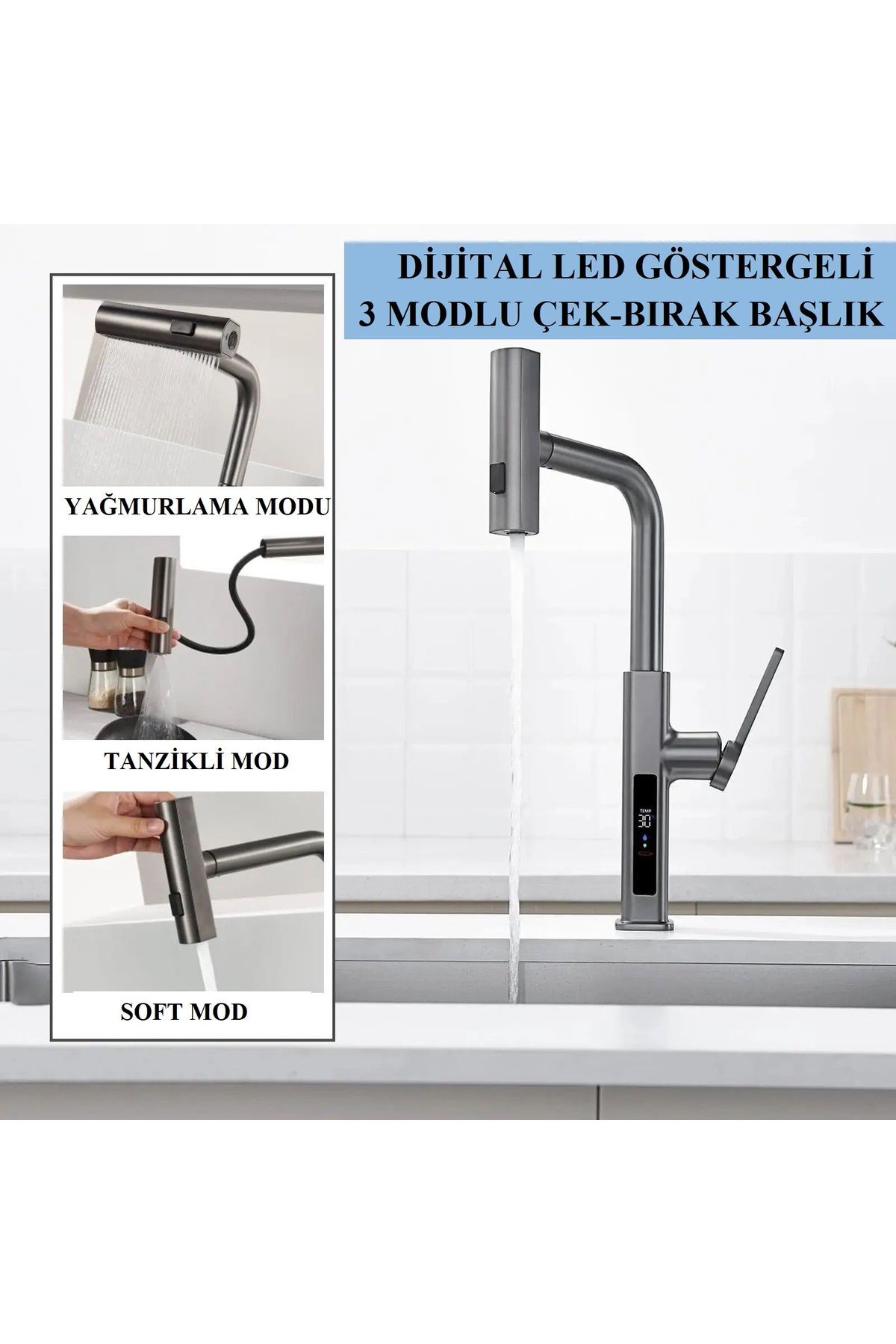 ANTRASİT ÇOK MODLU SPİRALLİ MUTFAK EVYE BATARYASI DİJİTAL LED EKRAN FONKSİYONEL ÇEK BIRAK BAŞLIK