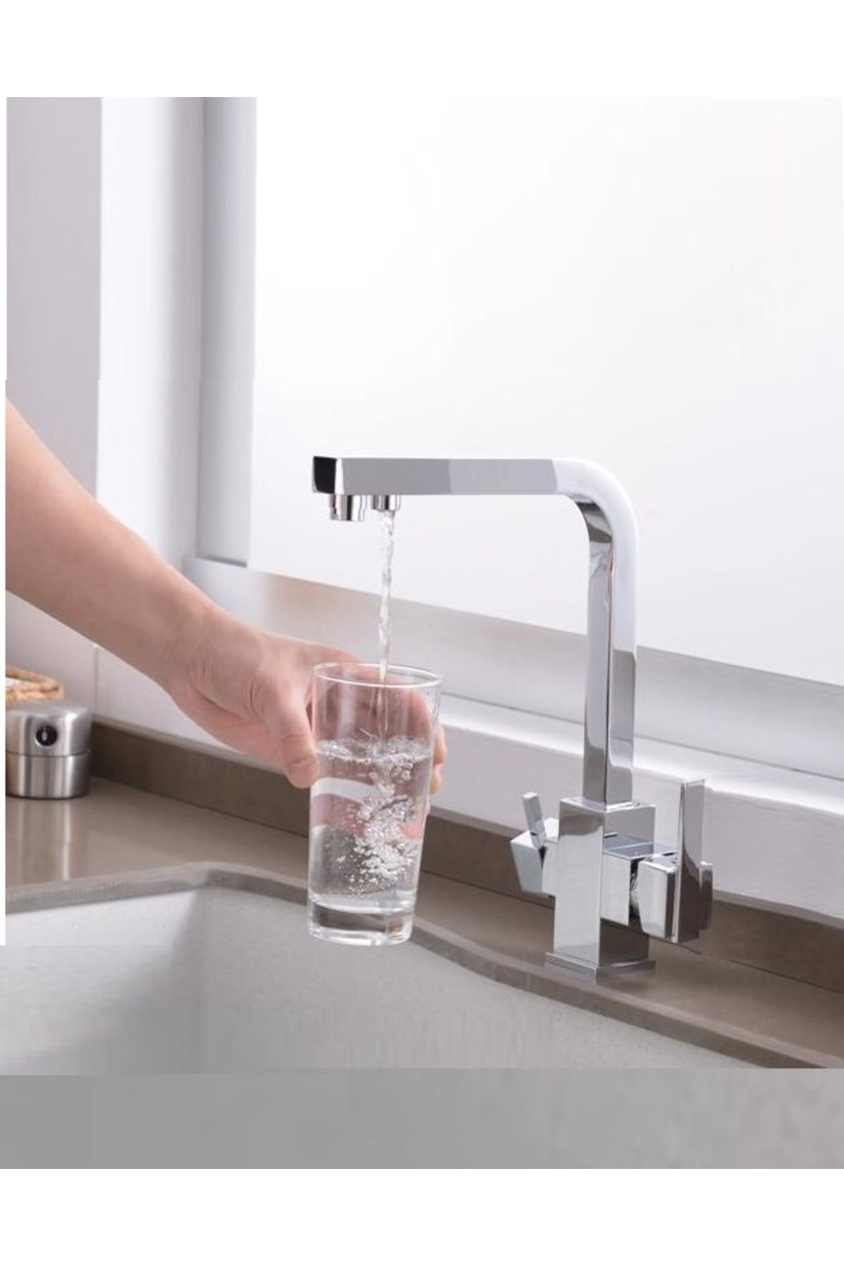 KROM KARE ARITMALI MUTFAK EVİYE BATARYASI 3 YOLLU L BORU LÜX SU TASARUFLU MUSLUK  GARANTİLİ