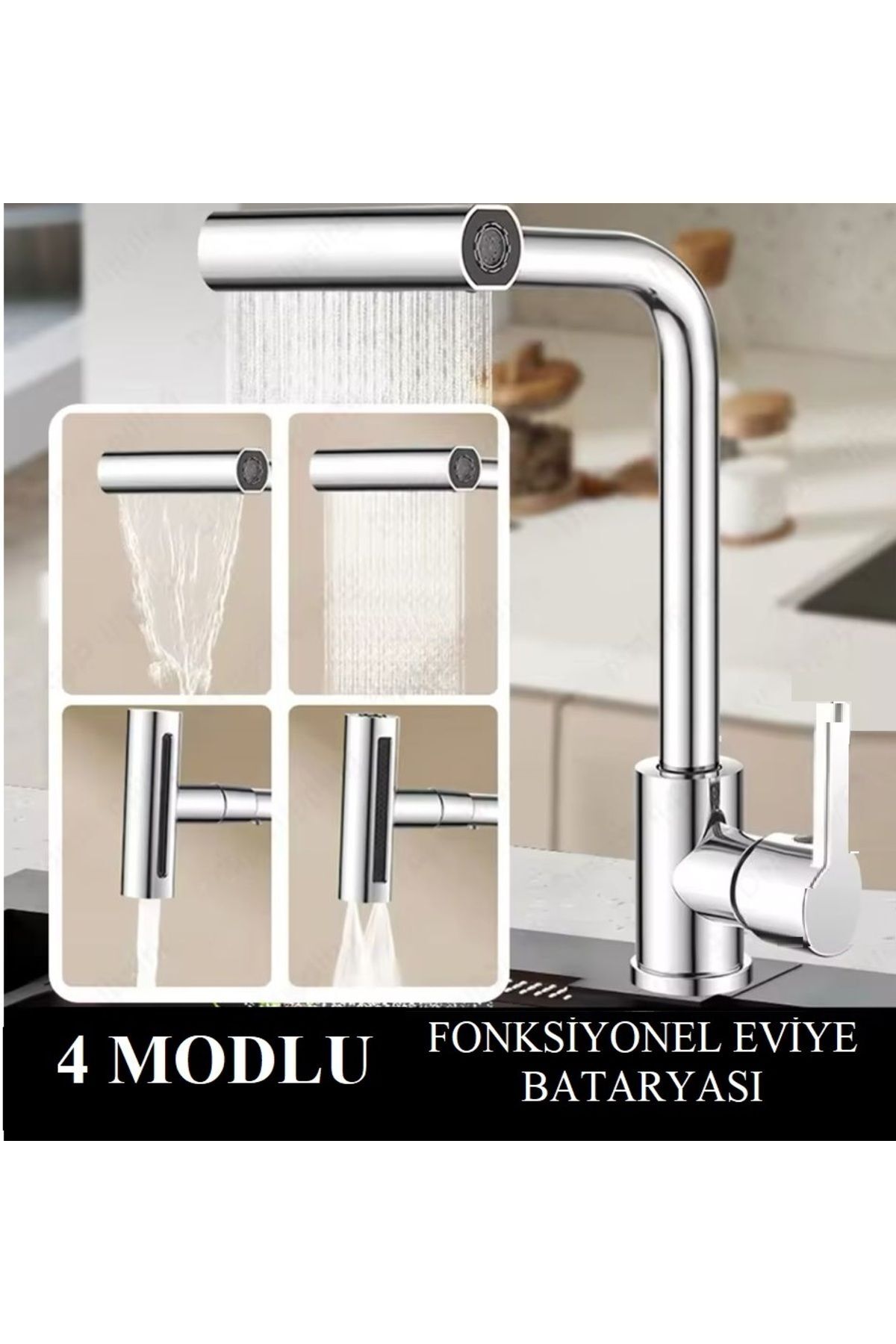Çok Modlu Krom Spiralli Mutfak Evye Bataryası Şelale Çek-bırak Uzatmalı Hortumlu Fonksiyonel