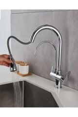 Krom Arıtmalı Spiralli Mutfak Evye Bataryası Gümüş Fonksiyonel 3 Modlu