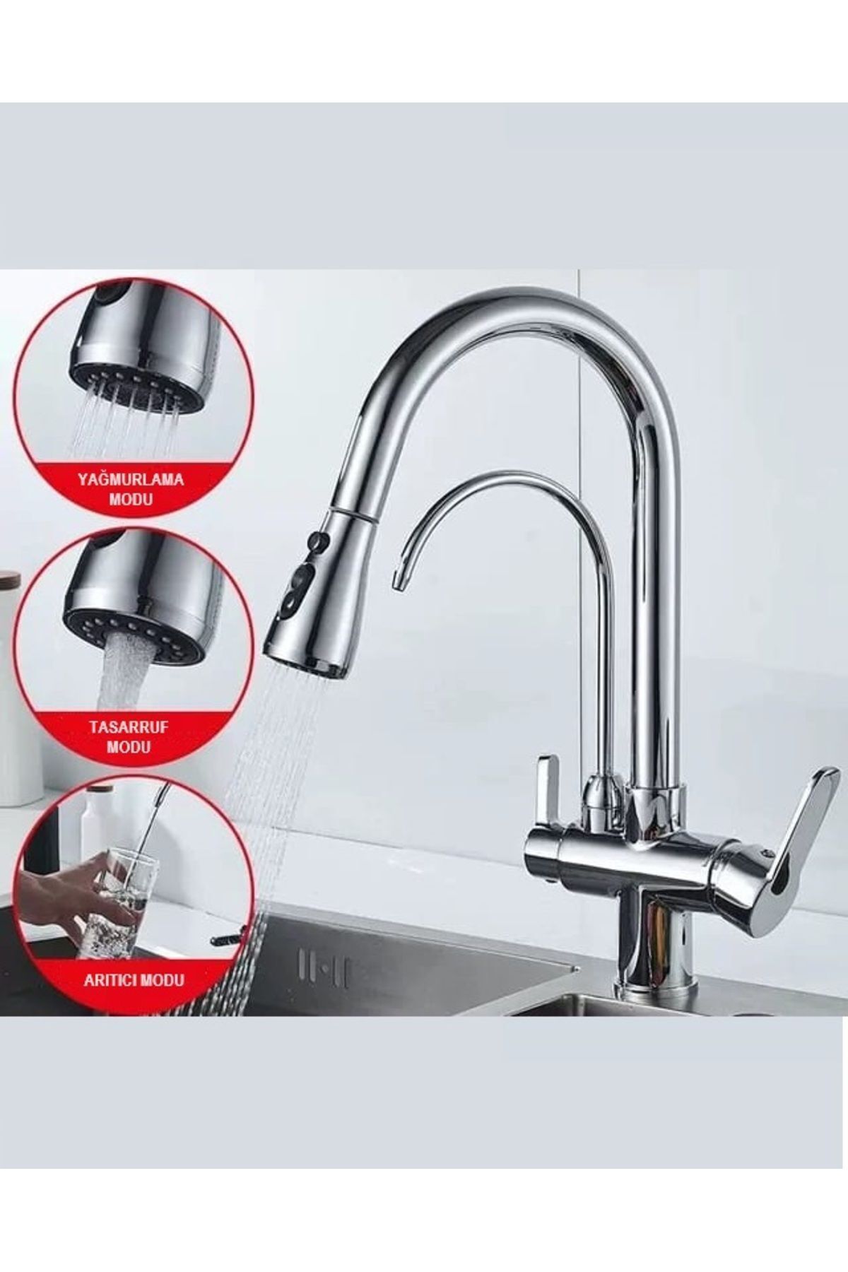 Krom Arıtmalı Spiralli Mutfak Evye Bataryası Gümüş Fonksiyonel 3 Modlu