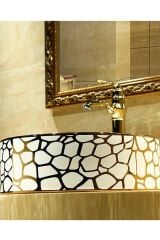 ÇANAK LAVABO YUVARLAK GOLD ZERO 46 CM ÇAP YÜKSEKLİK 15,5 CM TEZGAH ÜSTÜ SERAMİK ALTIN DESENLİ LÜKS