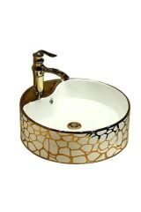 ÇANAK LAVABO YUVARLAK GOLD ZERO 46 CM ÇAP YÜKSEKLİK 15,5 CM TEZGAH ÜSTÜ SERAMİK ALTIN DESENLİ LÜKS