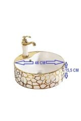 ÇANAK LAVABO YUVARLAK GOLD ZERO 46 CM ÇAP YÜKSEKLİK 15,5 CM TEZGAH ÜSTÜ SERAMİK ALTIN DESENLİ LÜKS