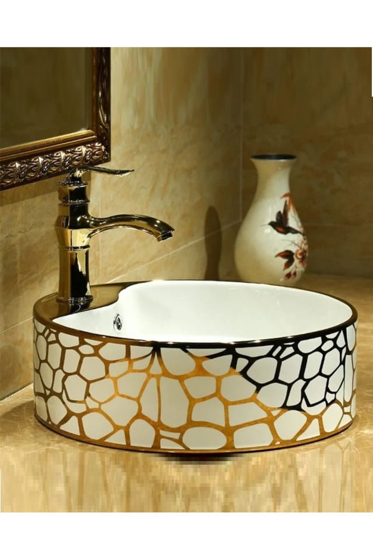 ÇANAK LAVABO YUVARLAK GOLD ZERO 46 CM ÇAP YÜKSEKLİK 15,5 CM TEZGAH ÜSTÜ SERAMİK ALTIN DESENLİ LÜKS