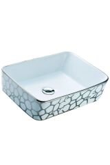 ÇANAK LAVABO KARE DİKDÖRTGEN GÜMÜŞ  37*48*13 CM TEZGAH ÜSTÜ SERAMİK KROM DESENLİ LÜKS