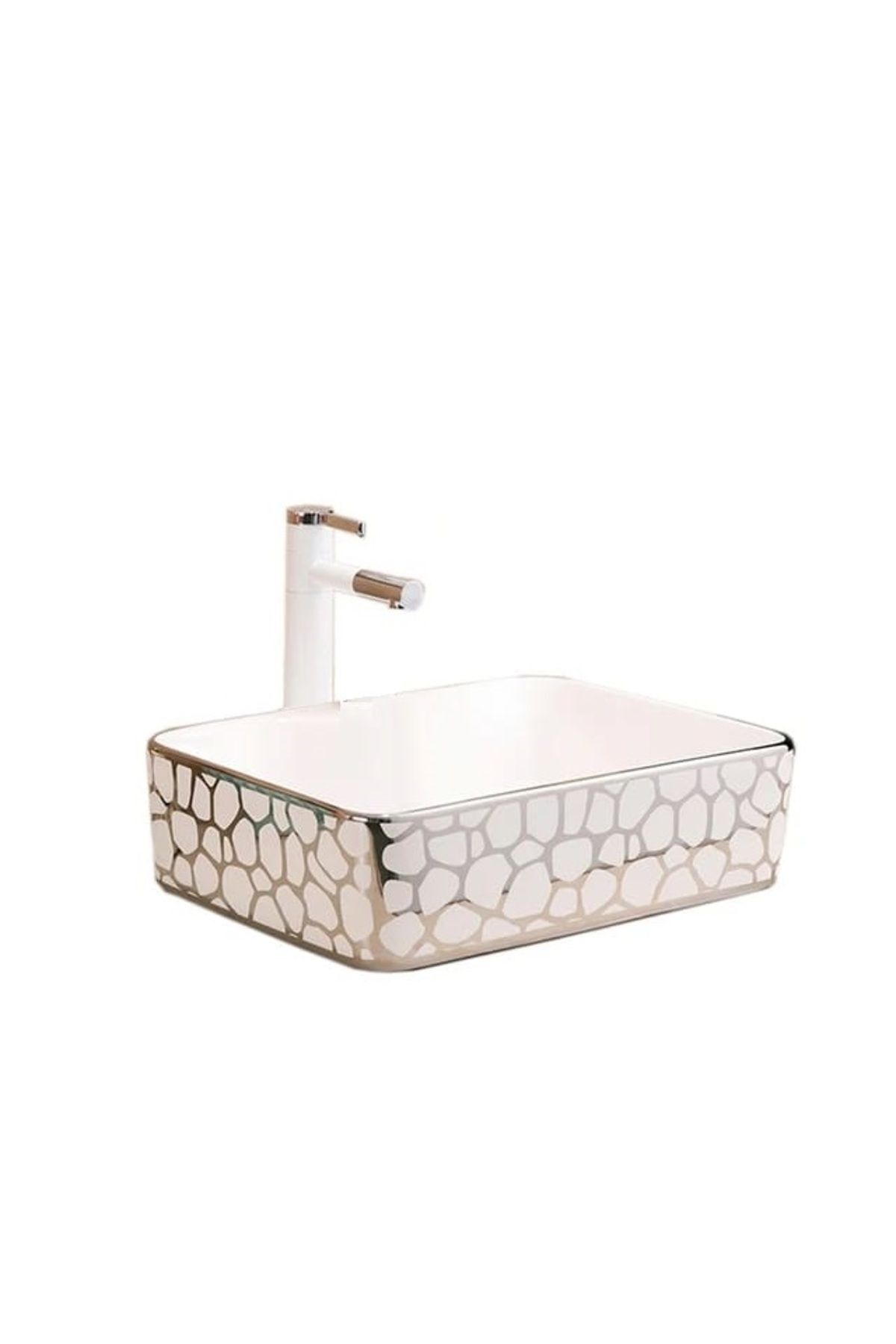 ÇANAK LAVABO KARE DİKDÖRTGEN GÜMÜŞ  37*48*13 CM TEZGAH ÜSTÜ SERAMİK KROM DESENLİ LÜKS