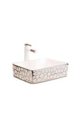 ÇANAK LAVABO KARE DİKDÖRTGEN GÜMÜŞ  37*48*13 CM TEZGAH ÜSTÜ SERAMİK KROM DESENLİ LÜKS