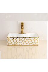 ÇANAK LAVABO KARE DİKDÖRTGEN GOLD FRESH 37*48*13 CM TEZGAH ÜSTÜ SERAMİK ALTIN DESENLİ LÜKS