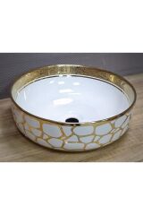 ÇANAK LAVABO YUVARLAK GOLD ZERO 41,5 CM ÇAP YÜKSEKLİK 13,5 CM TEZGAH ÜSTÜ SERAMİK ALTIN DESENLİ LÜKS