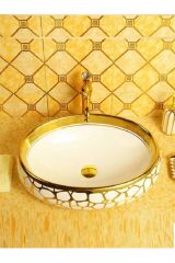 ÇANAK LAVABO YUVARLAK GOLD ZERO 41,5 CM ÇAP YÜKSEKLİK 13,5 CM TEZGAH ÜSTÜ SERAMİK ALTIN DESENLİ LÜKS