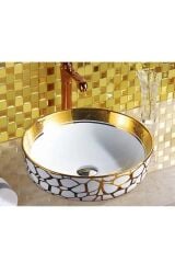 ÇANAK LAVABO YUVARLAK GOLD ZERO 41,5 CM ÇAP YÜKSEKLİK 13,5 CM TEZGAH ÜSTÜ SERAMİK ALTIN DESENLİ LÜKS