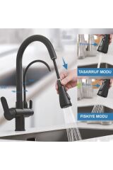 Arıtmalı Spiralli Mutfak Evye Bataryası Siyah Fonksiyonel 2 Modlu