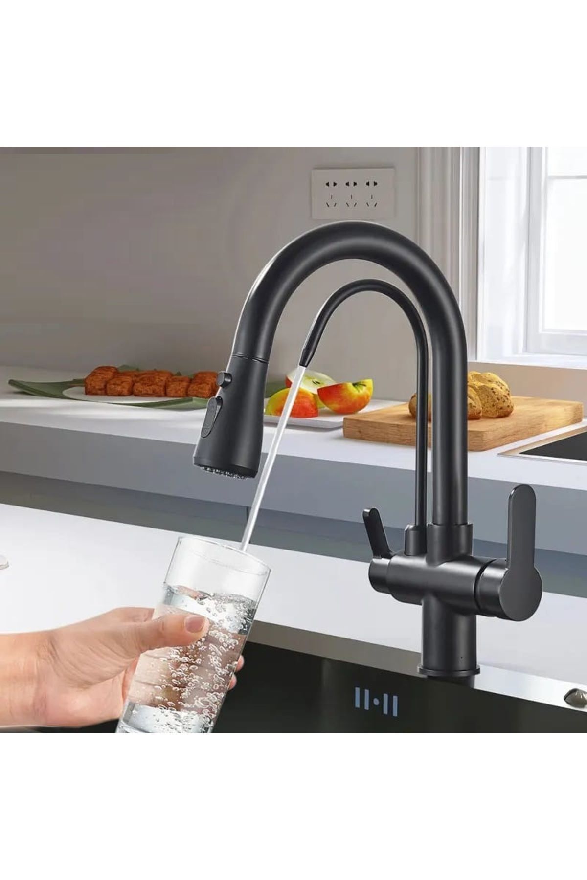 Arıtmalı Spiralli Mutfak Evye Bataryası Siyah Fonksiyonel 2 Modlu