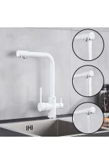 BEYAZ ARITMALI MUTFAK EVİYE BATARYASI 3 YOLLU L BORU LÜX SU TASARUFLU MUSLUK  GARANTİLİ