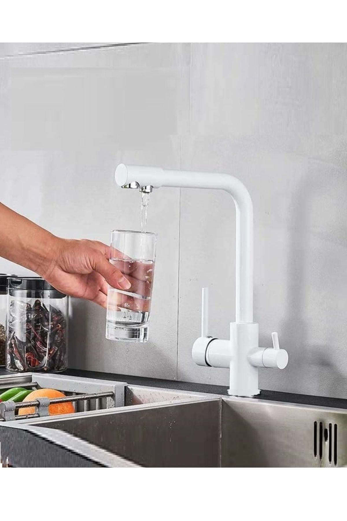 BEYAZ ARITMALI MUTFAK EVİYE BATARYASI 3 YOLLU L BORU LÜX SU TASARUFLU MUSLUK  GARANTİLİ