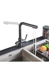 SİYAH ARITMALI MUTFAK EVİYE BATARYASI 3 YOLLU L BORU LÜX SU TASARUFLU MUSLUK  GARANTİLİ