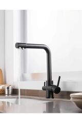 SİYAH ARITMALI MUTFAK EVİYE BATARYASI 3 YOLLU L BORU LÜX SU TASARUFLU MUSLUK  GARANTİLİ