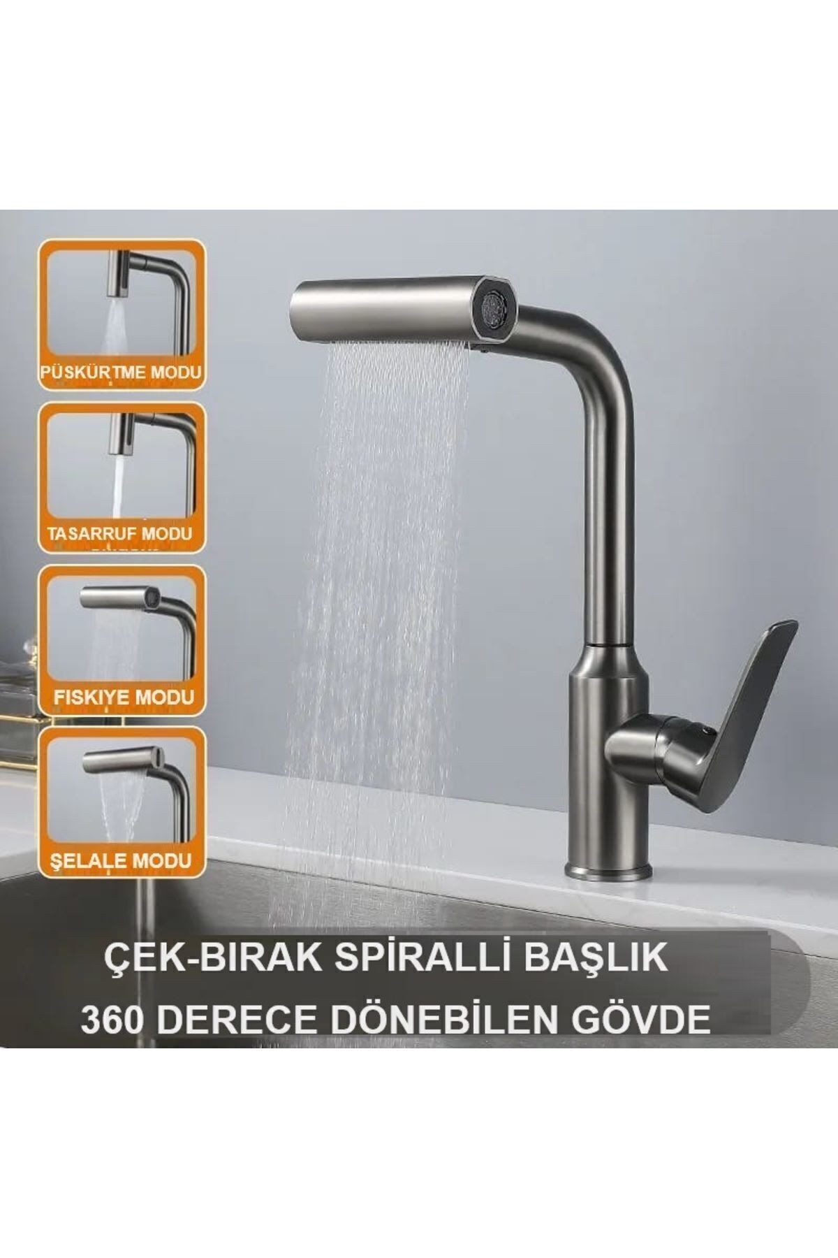 Çok Modlu Spiralli Mutfak Evye Bataryası Şelale Yağmurlama Fonksiyonel