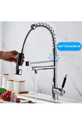 SPİRALLİ ENDÜSTRİYEL MUTFAK EVYE BATARYASI FONKSİYONEL ÇIFT BAŞLIK KROM UZATMALI PRİNÇ MUSLUK