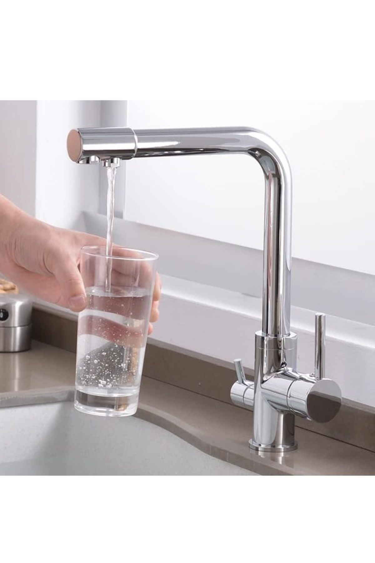 KROM ARITMALI MUTFAK EVİYE BATARYASI 3 YOLLU L BORU LÜX SU TASARUFLU MUSLUK  GARANTİLİ