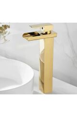 Gold Köşeli Gövde Çanak Lavabo Bataryası Havza Model Uzun Altın Lavabo Musluğu Çift Girişli Armatür