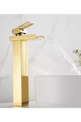 Gold Köşeli Gövde Çanak Lavabo Bataryası Havza Model Uzun Altın Lavabo Musluğu Çift Girişli Armatür