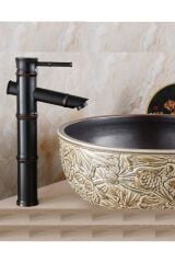 Bambu Model Rustik Siyah Antik Lavabo Bataryası Banyo Çanak Musluk Mat Siyah Lavabo Armatür Otantik