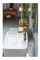 Bambu Model Rustik Antik Lavabo Bataryası Banyo Musluğu Eskitme Lavabo Armatür Otantik Bakır Görünüm