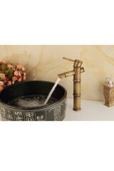 Bambu Model Rustik Antik Lavabo Bataryası Banyo Çanak Musluğu Eskitme Lavabo Armatür Otantik Bakır