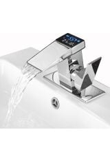 Dijital Sıcaklık Göstergeli Krom Lavabo Bataryası Musluğu Çiftgirişli Krom Armatür Sayaç Ekran Yeni