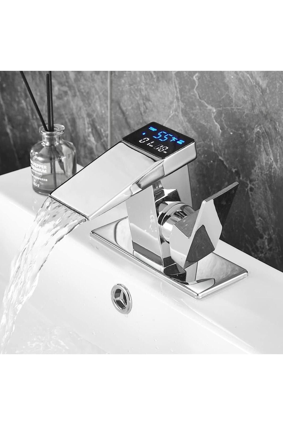 Dijital Sıcaklık Göstergeli Krom Lavabo Bataryası Musluğu Çiftgirişli Krom Armatür Sayaç Ekran Yeni