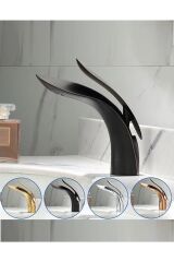 Mat Siyah Lüks Lavabo Batarya Oval Black Banyo Lavabo Musluğu Çift Giriş Özel Seri Sarı Prinç Gövde