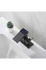 Dijital Sıcaklık Göstergeli Siyah Kare Lavabo Bataryası Musluğu Çiftgirişli Armatür Sayaç Ekranlı