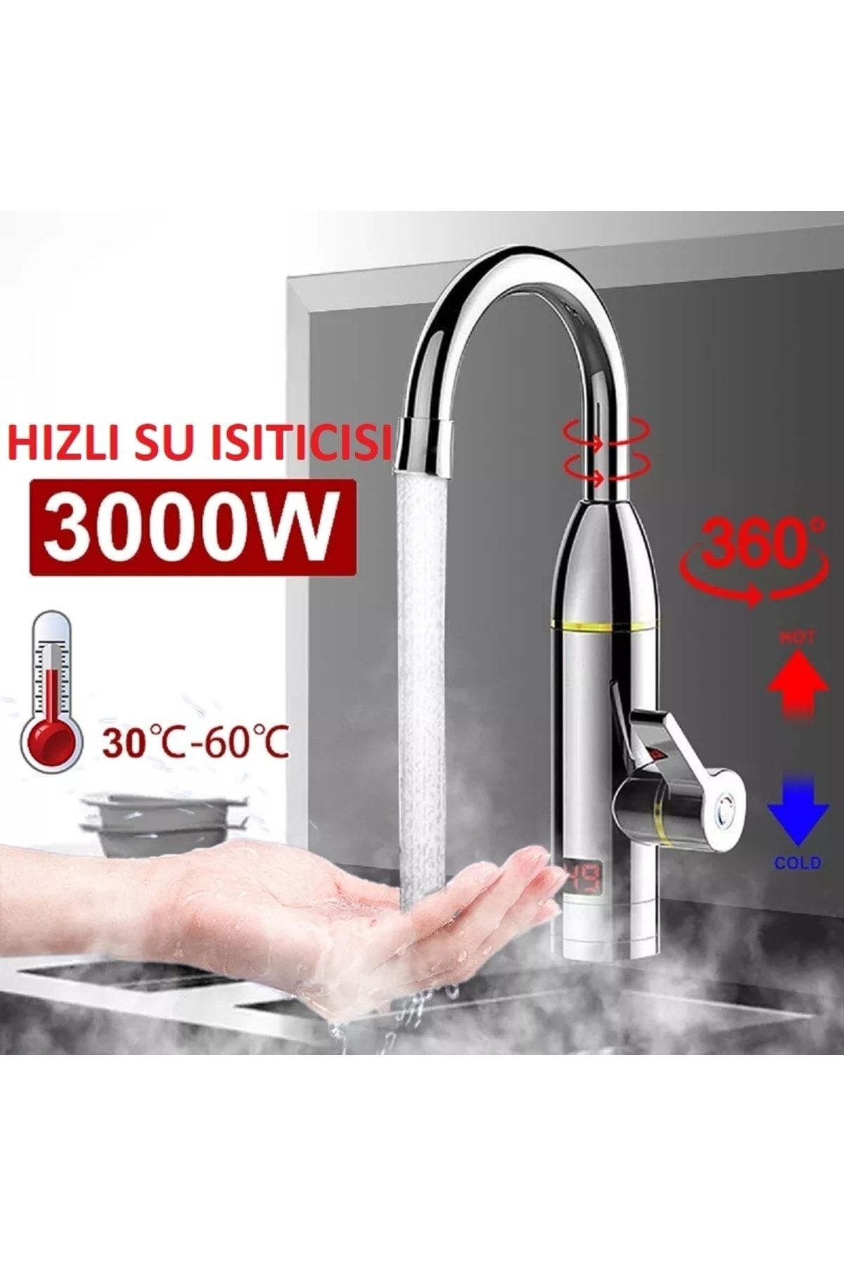 Gümüş Gri Elektrikli Ani Su Isıtıcılı Lavabo Mutfak Musluk Şofben Termal Musluk