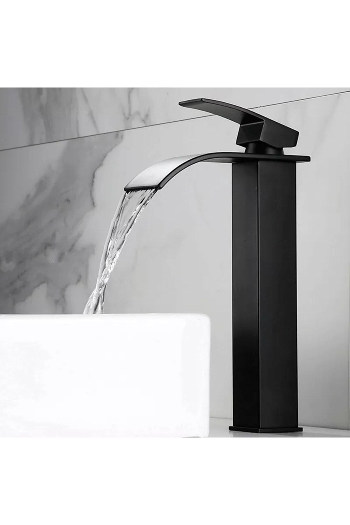 Siyah Kare Çanak Lavabo Bataryası Oval Çıkış Şelale Model Uzun/yüksek Lavabo Musluğu Çift Girişli