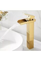Gold Kare Çanak Lavabo Bataryası Havza Model Uzun/yüksek Altın Lavabo Musluğu Çift Girişli Armatür