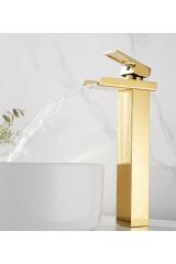 Gold Kare Çanak Lavabo Bataryası Havza Model Uzun/yüksek Altın Lavabo Musluğu Çift Girişli Armatür