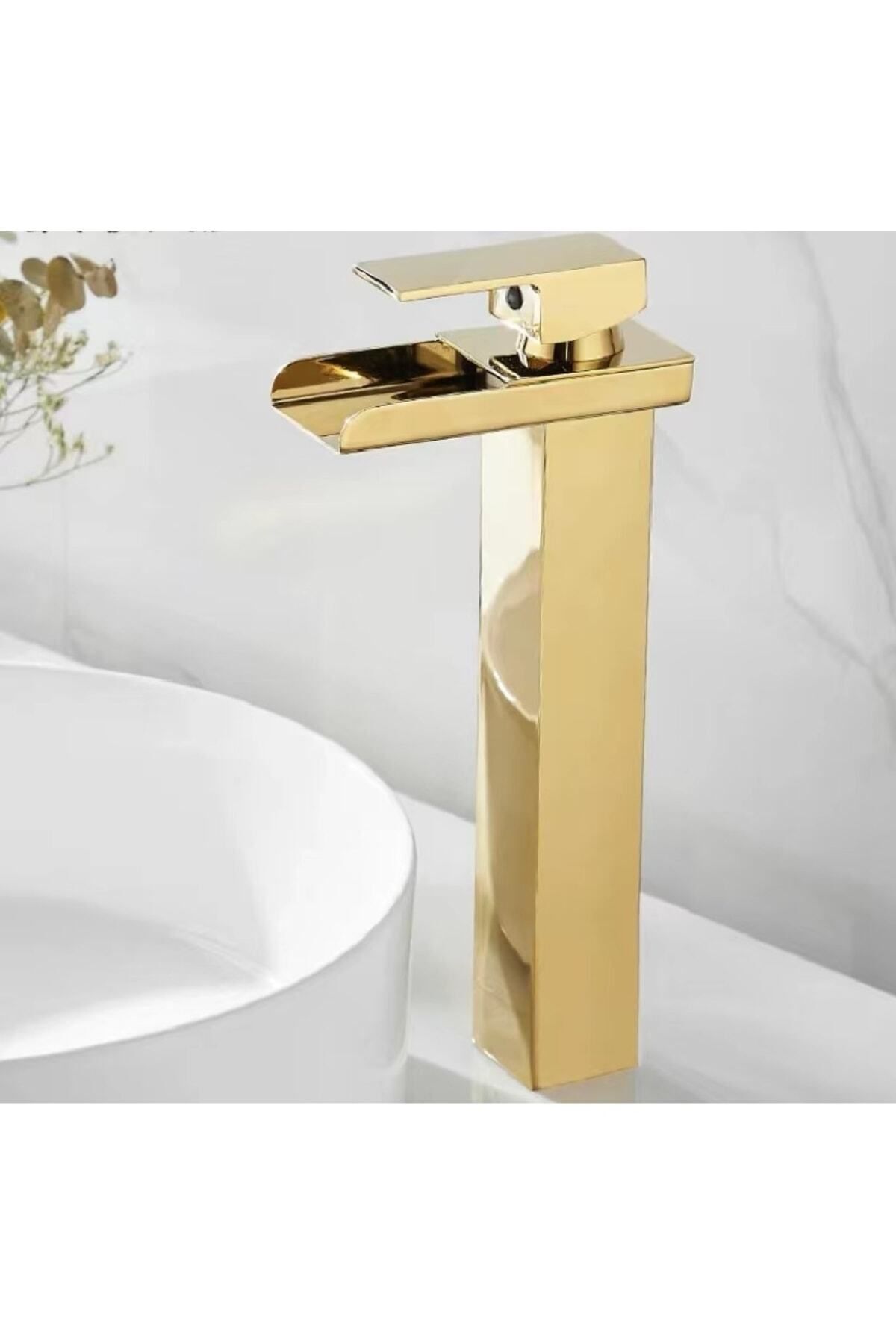 Gold Kare Çanak Lavabo Bataryası Havza Model Uzun/yüksek Altın Lavabo Musluğu Çift Girişli Armatür