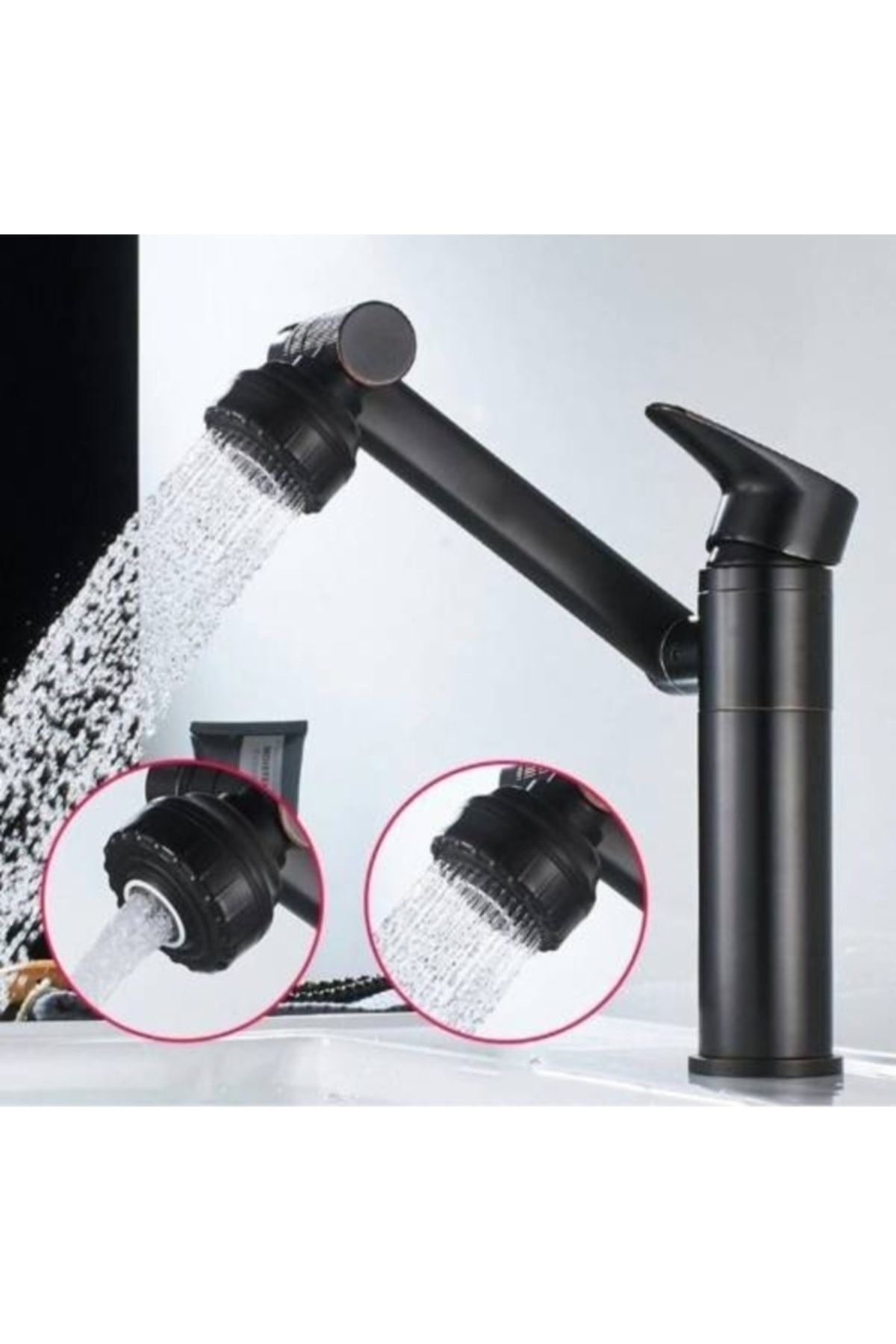 Siyah Lavabo Bataryası Çok Fonksiyonlu 360 Derece Dönerli Lavabo Musluk Çok Modlu Çift Giriş Armatür