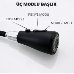 Siyah Spiralli Mutfak Evye Bataryası Çift Modlu Tasaruf Fonksiyonlu Mat Siyah Uzatmalı Eviye Musluk