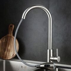 Inox Spiralli Mutfak Evye Bataryası Çift Modlu Tasarruf Fonksiyonlu Mat Krom Uzatmalı Eviye Musluğu