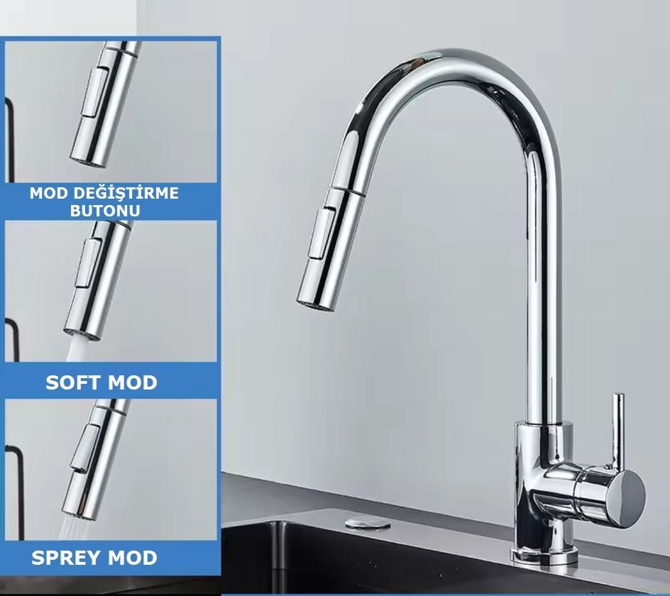 MUTFAK EVYE BATARYASI KROM SPİRALLİ ÇEK BIRAK UZAYAN 2 MODLU BAŞLIK YAĞMURLAMA SPREY PRİNÇ MUSLUK