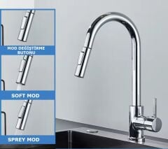 MUTFAK EVYE BATARYASI KROM SPİRALLİ ÇEK BIRAK UZAYAN 2 MODLU BAŞLIK YAĞMURLAMA SPREY PRİNÇ MUSLUK