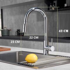 MUTFAK EVYE BATARYASI KROM SPİRALLİ ÇEK BIRAK UZAYAN 2 MODLU BAŞLIK YAĞMURLAMA SPREY PRİNÇ MUSLUK